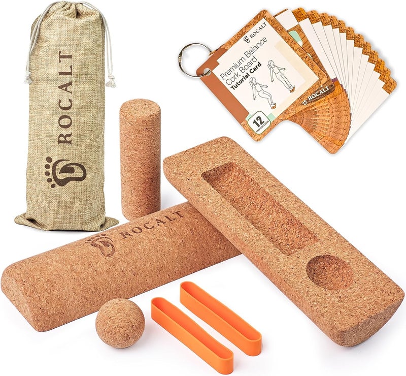 Rocalt Cork Balance Board, Premium Cork 4-in-1 Foot & Ankle Strengthener Kit, Balance Trainer with Massage Roller & Ball, Toe Resistance Bands, Storage Bag & Exercise Guide for Enhance Mobility, Improve Foot Function, Prevent Falls - Image 1
